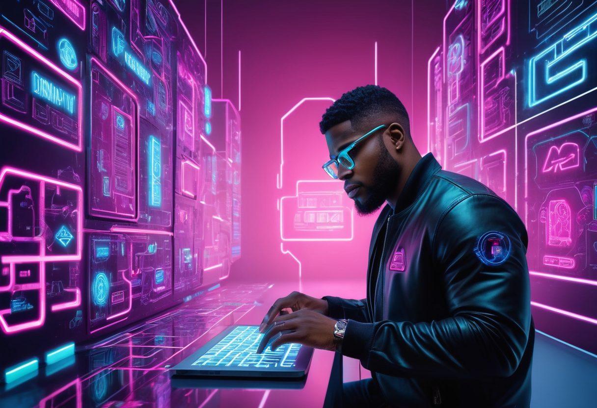 An animated depiction of Reggie Bush guiding users through a maze of digital icons representing website design, coding, and web hosting services, set against a futuristic cityscape with glowing neon signs. Reggie is shown pointing towards a well-designed website, emphasizing clarity and creativity. cyberpunk style. vibrant colors. white background.
