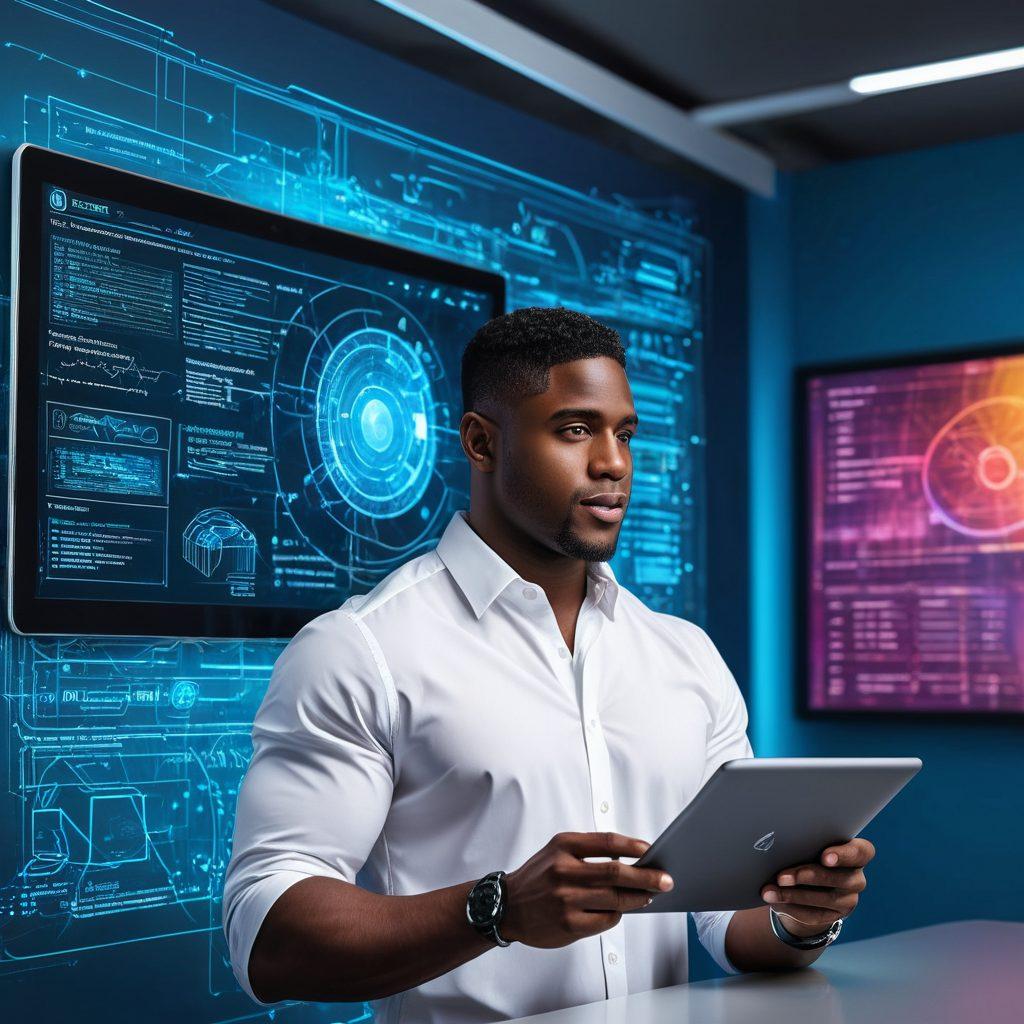 A futuristic workspace with a sleek computer setup filled with code on the screen, digital blueprints pinned on the wall, and holographic UI elements floating in the air. Reggie Bush in a dynamic pose, holding a tablet showcasing a modern website design. Background features vibrant colors with subtle nods to web development elements like HTML tags and digital graphs. super-realistic. vibrant colors.