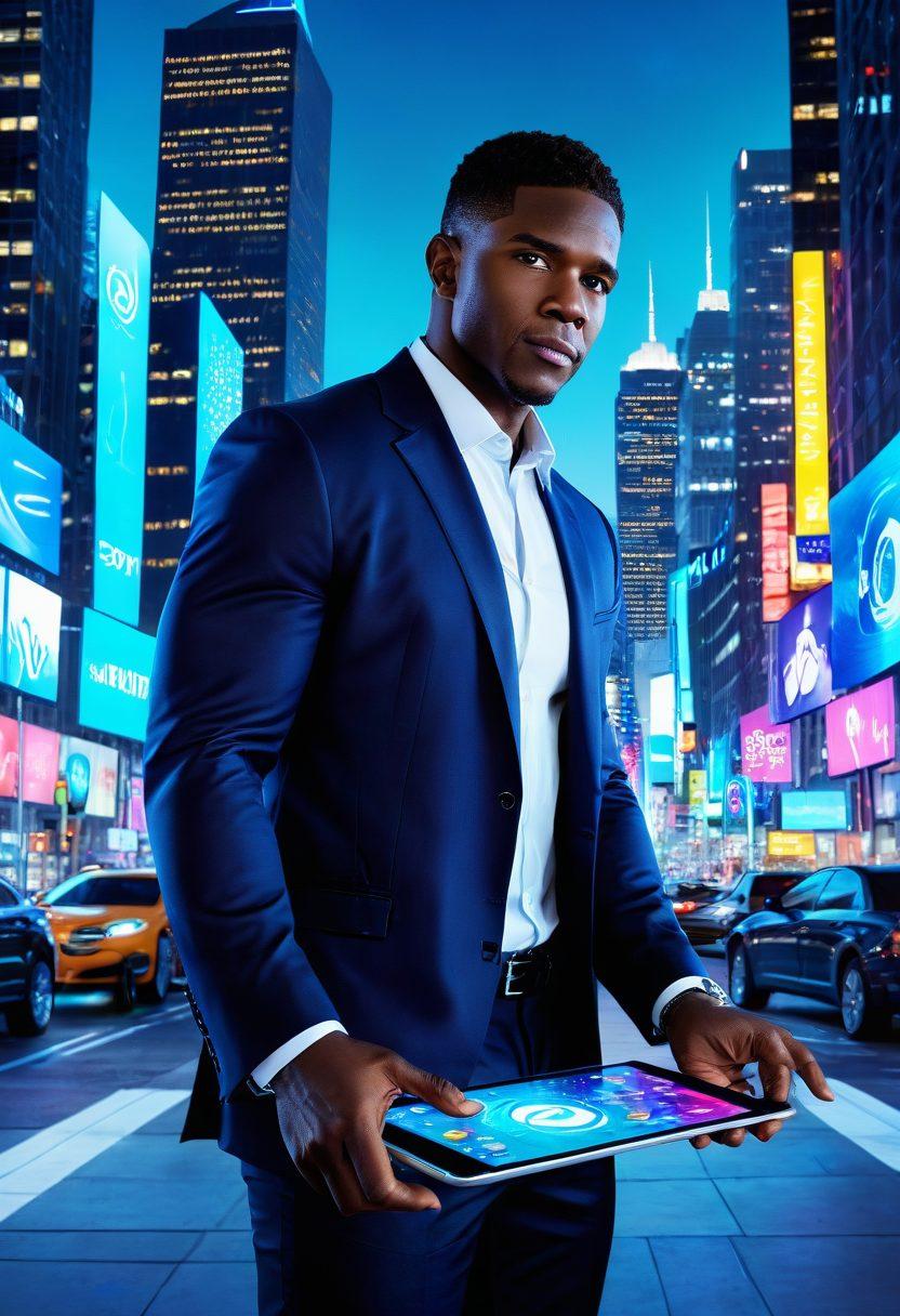 A dynamic image of Reggie Bush expertly navigating a high-tech digital landscape, with vibrant, glowing icons representing web services orbiting around him. Reggie is depicted holding a futuristic device, exuding confidence and innovation. The background features a sleek, modern cityscape bathed in soft blue and white light. hyper-realistic. vibrant colors. sci-fi aesthetics.
